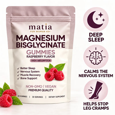 Matia Magnesium Bisglycinate Gummies pouch: deep sleep, calms the nervous system, helps stop leg cramps