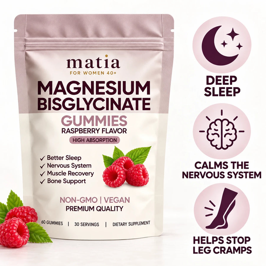 Matia Magnesium Bisglycinate Gummies pouch: deep sleep, calms the nervous system, helps stop leg cramps