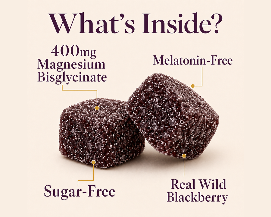 What's Inside — 400mg magnesium bisglycinate, melatonin-free, sugar-free, real wild blackberry